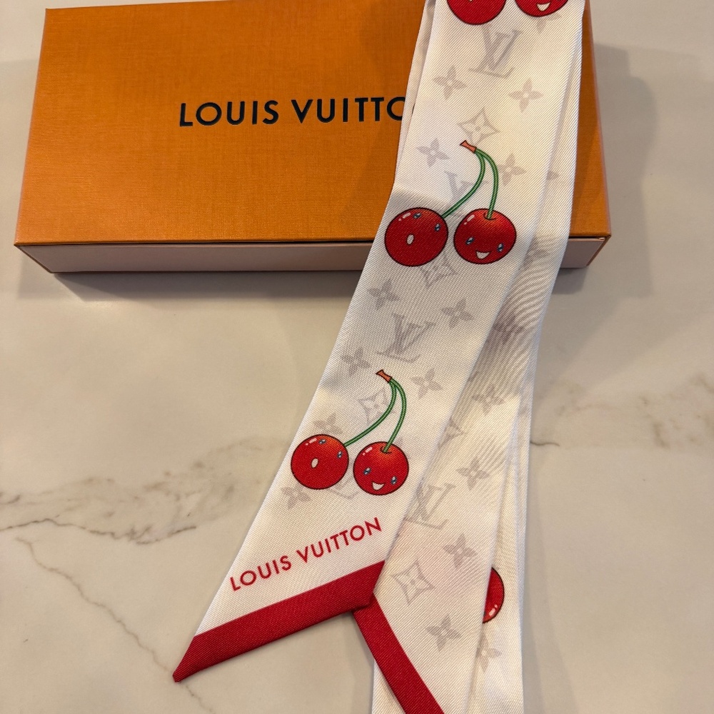 Louis Vuitton x Takashi Murakami Monogram Cerise silk bandeau scarf